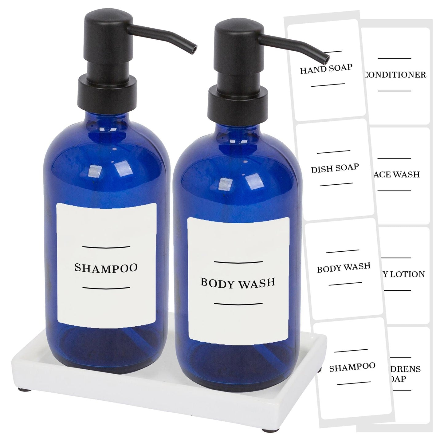 2pc Glass Soap Dispenser Set with Ceramic Tray & Labels - 500ml