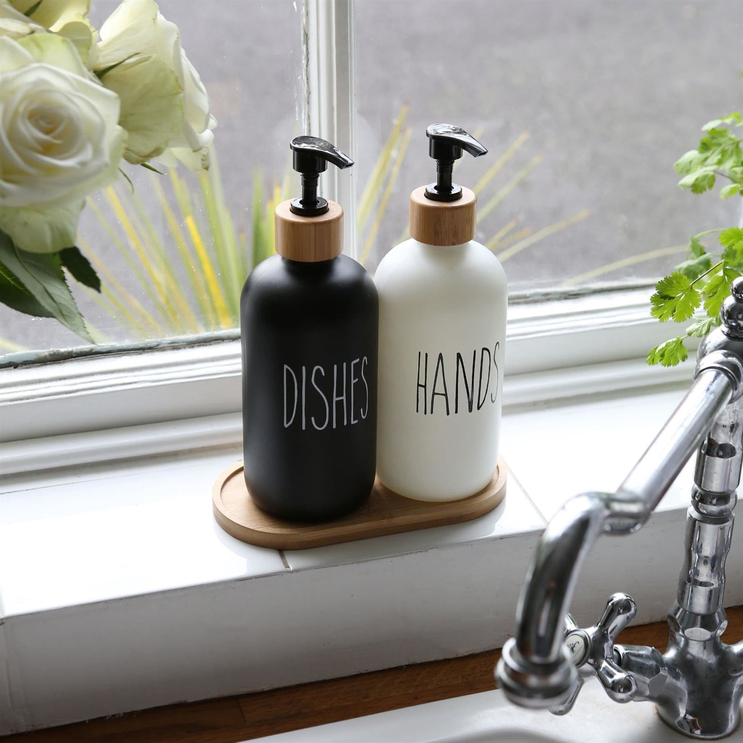 2pc Glass Hand & Dish Soap Dispenser Set with Bamboo Tray - 500ml - White/Black