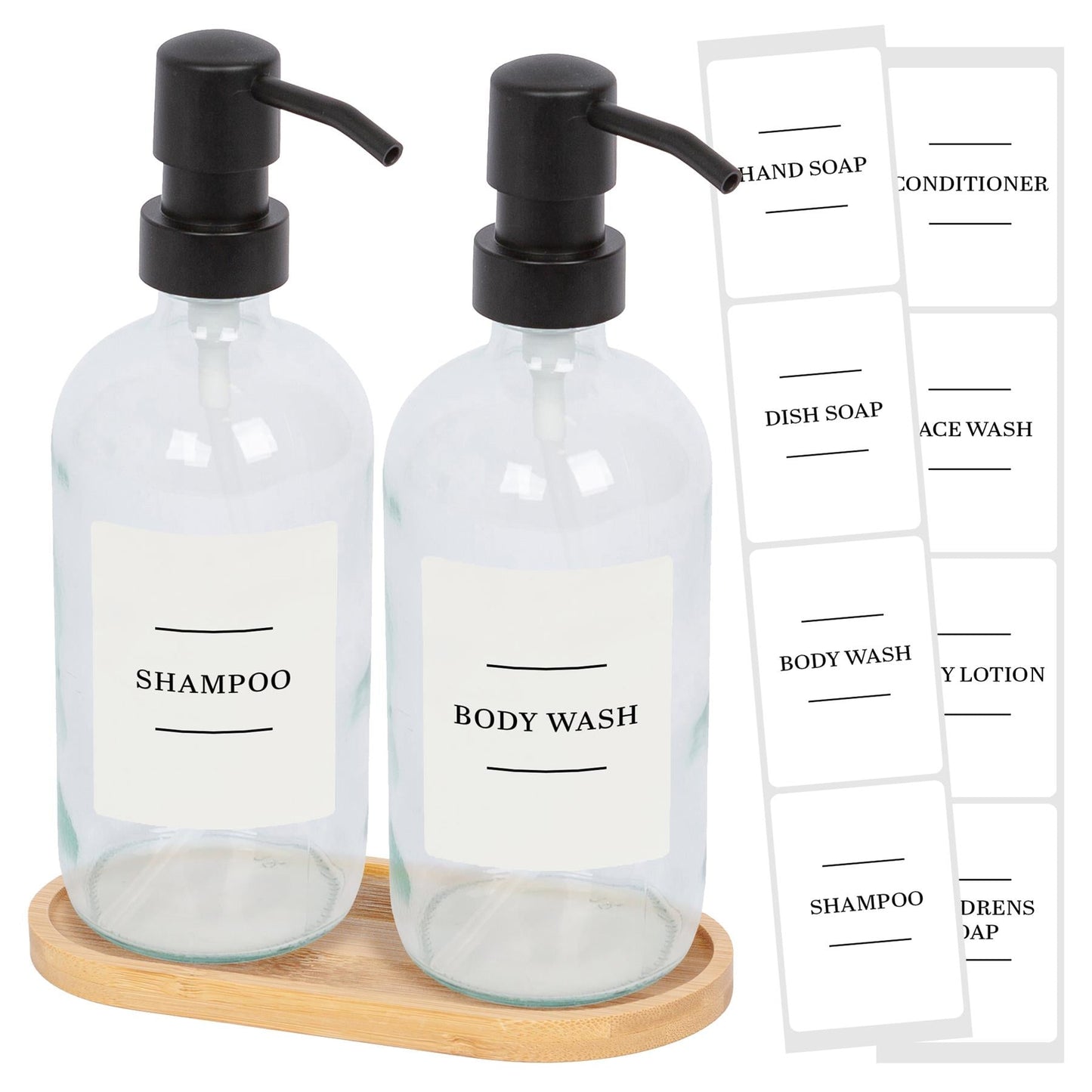 2pc Glass Soap Dispenser Set with Bamboo Tray & Labels - 500ml