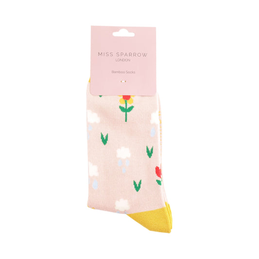 Bamboo Socks | Rain Clouds & Flowers | Pastel Pink
