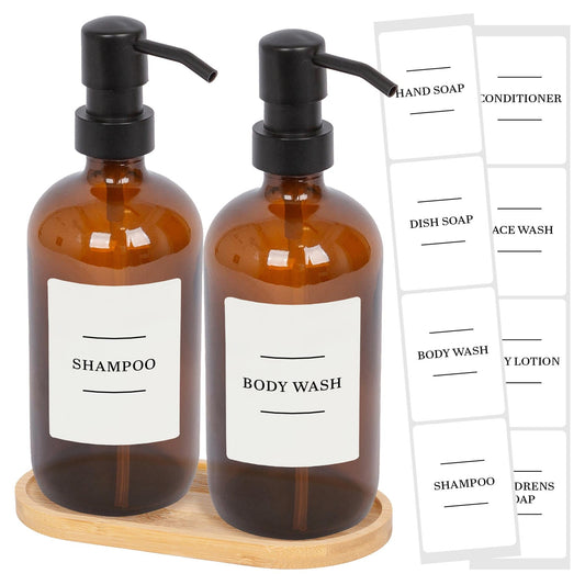 2pc Glass Soap Dispenser Set with Bamboo Tray & Labels - 500ml
