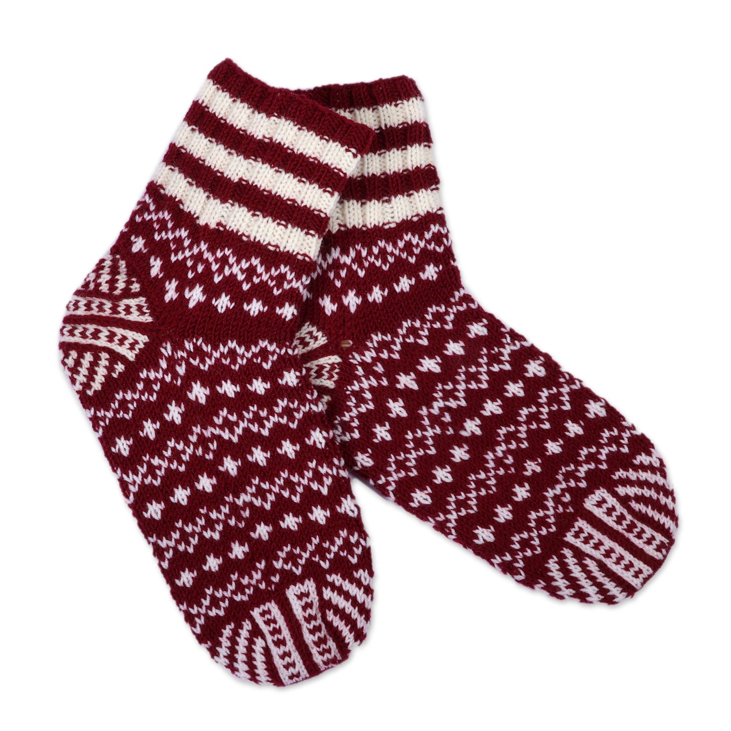 Burgundy and White Acrylic and Wool Snowflake Knit Socks - Bold Snowflakes
